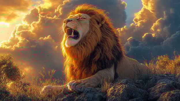 Majestic Lion Roaring at Golden Sunset Cloudscape photo