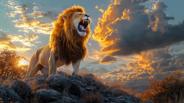 A lion roaring in the sunset with clouds in the background photo