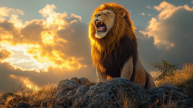 The lion is roaring in the sunset photo