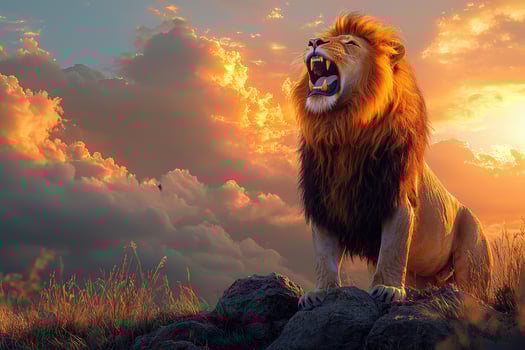 Majestic Lion Roaring at Sunset Over Savanna Grassland photo