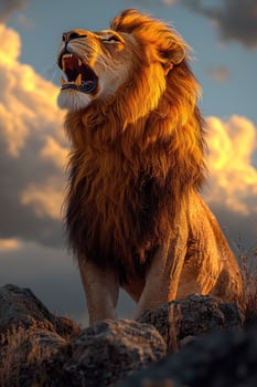 Majestic African Lion Roaring at Sunset Sky photo
