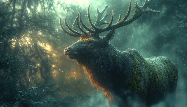 A deer with large horns standing in the woods photo