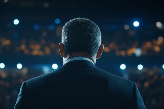 Speaker addresses large audience at nighttime event in an arena filled with bright lights and eager attendees photo