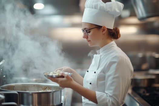 Culinary expert prepares ingredients in a bustling kitchen filled with steam in an upscale restaurant setting photo