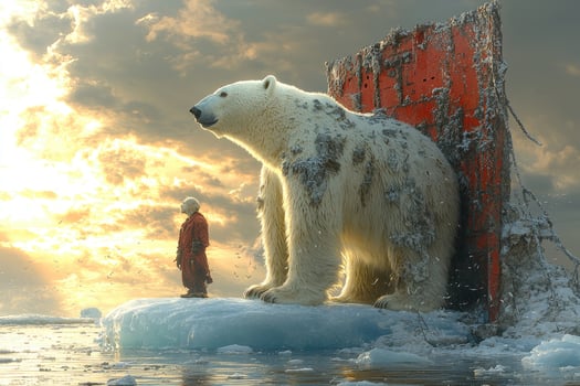 Polar Bear and Human Figure on Arctic Iceberg at Sunset photo