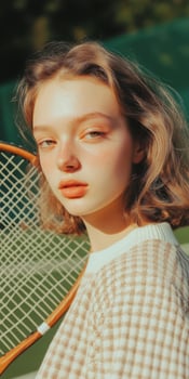 Young woman posing with tennis racket on sunny outdoor court photo
