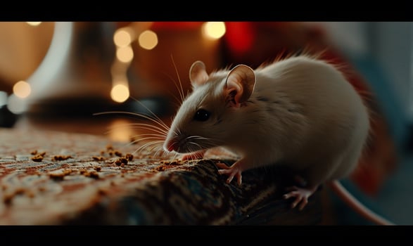White rat on a table eating crumbs photo