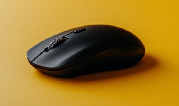 Modern black wireless computer mouse on a vibrant yellow background photo