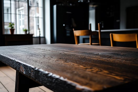 Rustic wooden table in a modern kitchen photo