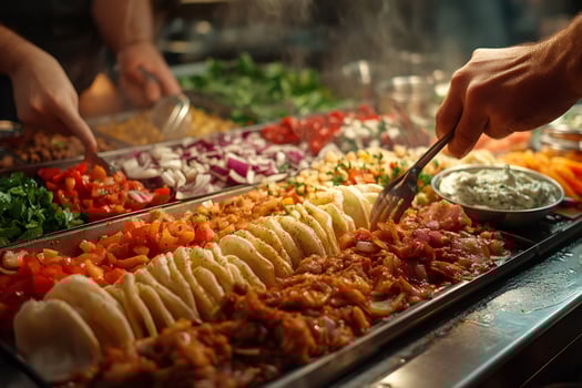Chefs preparing ingredients for tacos at a buffet restaurant photo