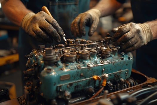 Mechanics working on a vintage car engine restoration project photo