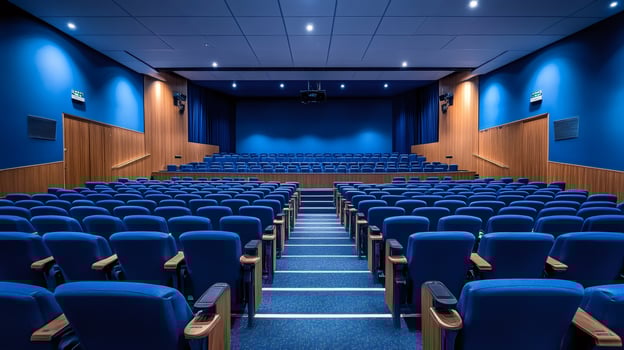 Empty cinema auditorium with blue seats is waiting for audience to start watching movie photo
