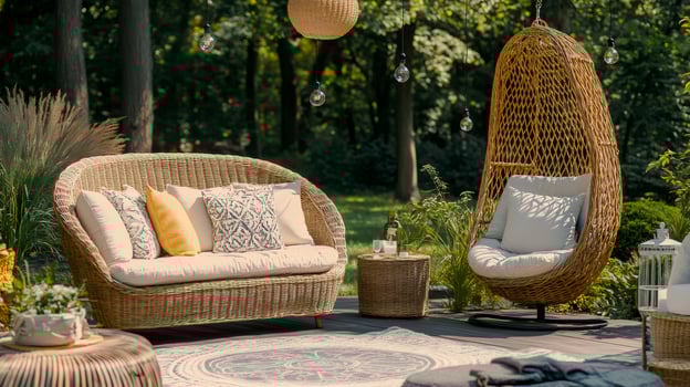 Comfortable swinging chair and sofa creating relaxing backyard oasis photo