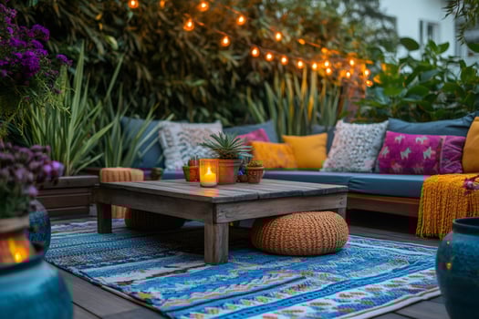 Cozy bohemian patio decorated with string lights, pillows, and candles for relaxing evenings photo