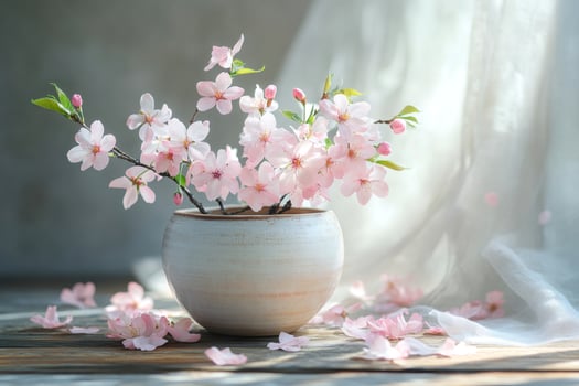 Pink cherry blossom flowers in vase on wooden table near window photo