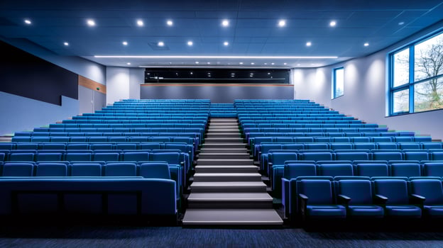 Modern conference hall with empty blue seats waiting for audience photo