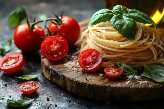 Delicious italian spaghetti with tomatoes, basil, and parmesan cheese resting on rustic wooden board photo
