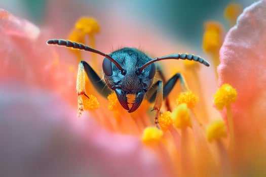 Metallic sweat bee gathering pollen on colorful flower photo