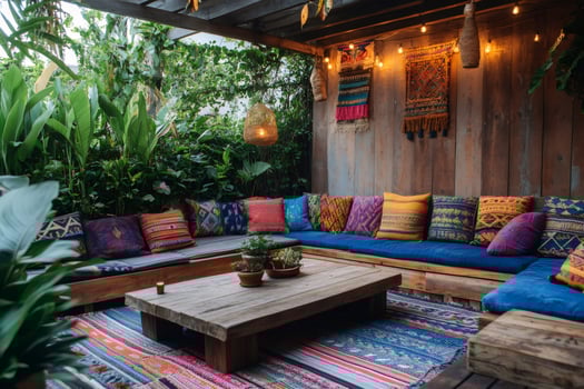 Cozy bohemian patio decorated with colorful pillows and rugs, greenery and string lights photo