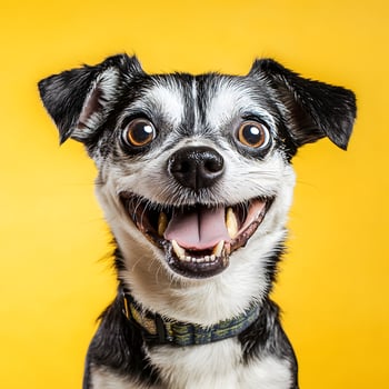 funny black and white chihuahua dog on yellow background. photo