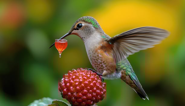 Hummingbird Sipping Nectar From Miniature Glass photo
