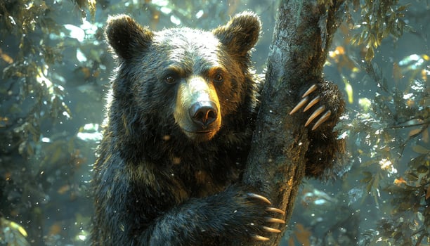 Majestic Black Bear Clinging to a Forest Tree photo