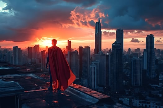 Superhero watching city sunset from rooftop at dusk photo