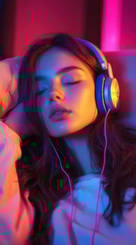 A woman with headphones on her head laying in bed photo