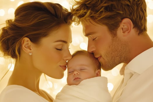 Joyful new parents share a tender moment with their newborn in a gently lit bedroom filled with love and warmth photo