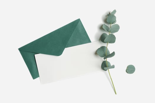 Teal envelope and empty paper card mock up with green plant leaves eucalyptus on white background. White blank letter on table. Minimal design stationery, flat lay template, top view, copy space. photo