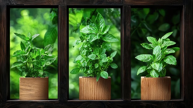 Three Aromatic Herb Plants in Wooden Pots Green Garden Background Fresh Mint and Basil photo