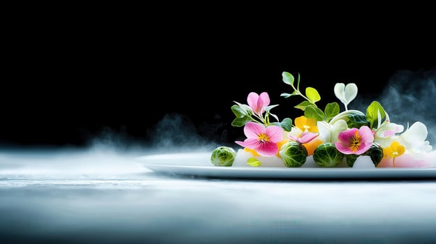 Stunning Edible Flower Arrangement with Brussels Sprouts Steam and Ice on White Plate photo