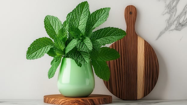 Fresh Mint Sprigs in Green Vase Wooden Cutting Board Kitchen Still Life photo