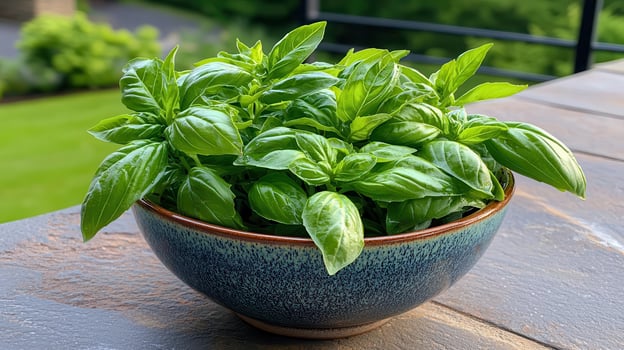 Fresh Green Basil Leaves in Rustic Bowl Culinary Herb Healthy Food photo