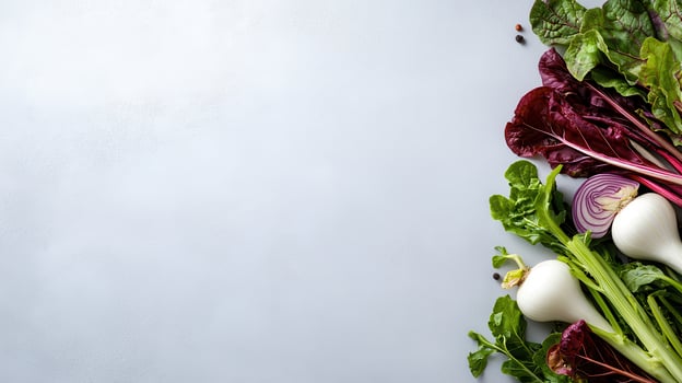 Fresh Organic Vegetables Red Chard Turnips and Red Onion on Light Gray Background photo