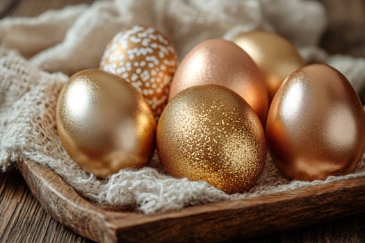 Golden easter eggs resting on a wooden tray and a beige cloth photo