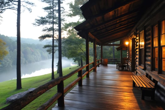 Cozy wooden cabin overlooking misty lake at sunrise in the mountains photo