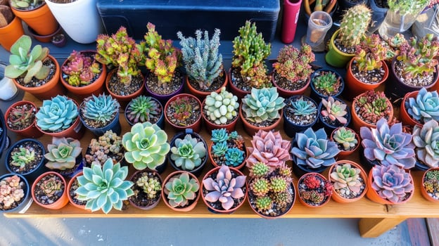 Variety of colorful succulents arranged on display during a sunny day in a garden setting photo