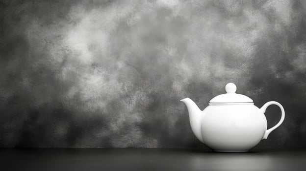 A white teapot stands alone against a textured gray backdrop photo