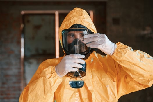 Holding ,a test tube and examining radioactive liquid. Man dressed in chemical protection suit in the ruins of the post apocalyptic building photo