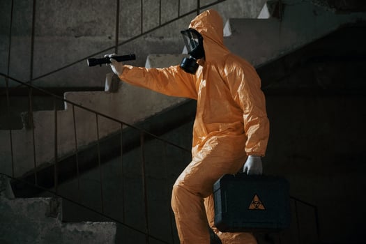 View from the side. Man, dressed, in chemical protection suit in the ruins of the post apocalyptic building photo