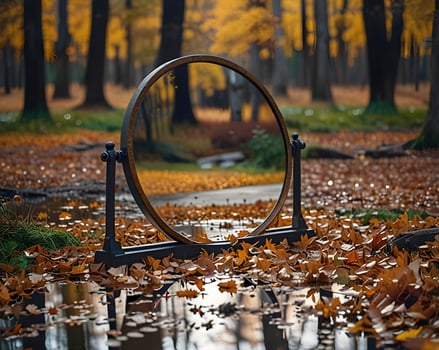 freestanding mirror reflects an autumn forest scene with fallen leaves and a puddle photo