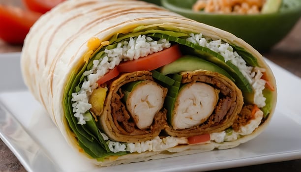 a wrap with chicken, lettuce and tomatoes on it photo