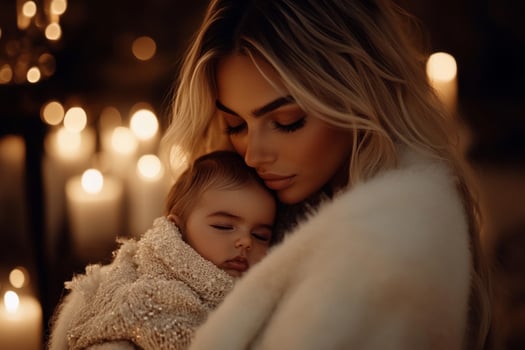 A woman holding a baby in front of candles photo