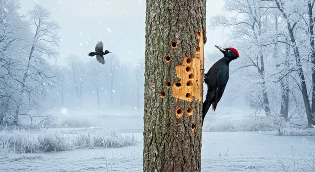 A woodpecker is pecking holes in a tree photo