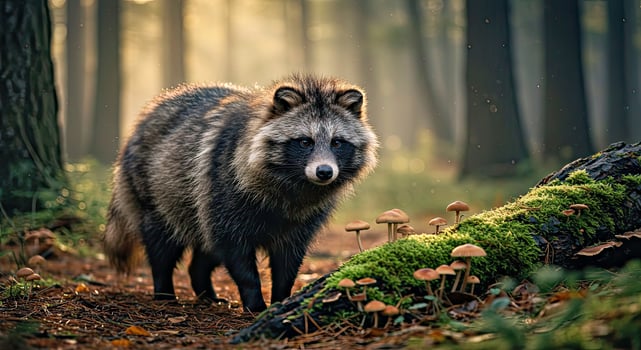 A raccoon walking through the woods photo