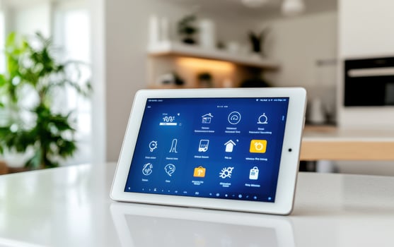 Smart home system interface displayed on a modern tablet in a contemporary kitchen setting photo