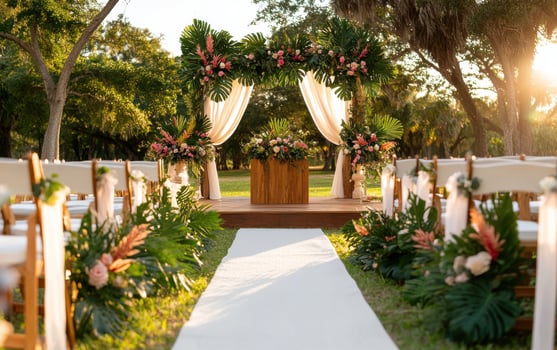 Prehistoric plants create a lush backdrop for a serene outdoor ceremony in vibrant greenery photo