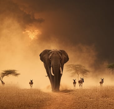 An elephant walks through the savannah with a herd of antelope photo