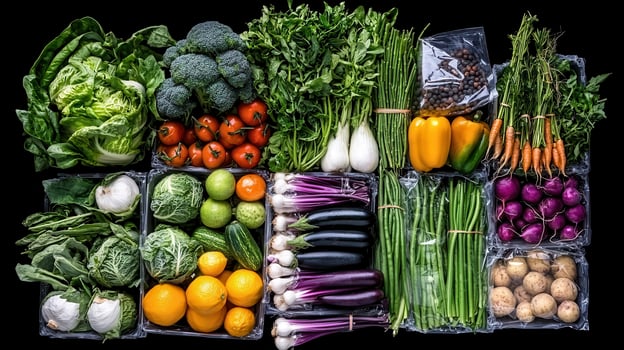 Fresh Organic Vegetables and Fruits in Boxes A Vibrant Harvest Display of Healthy Produce photo